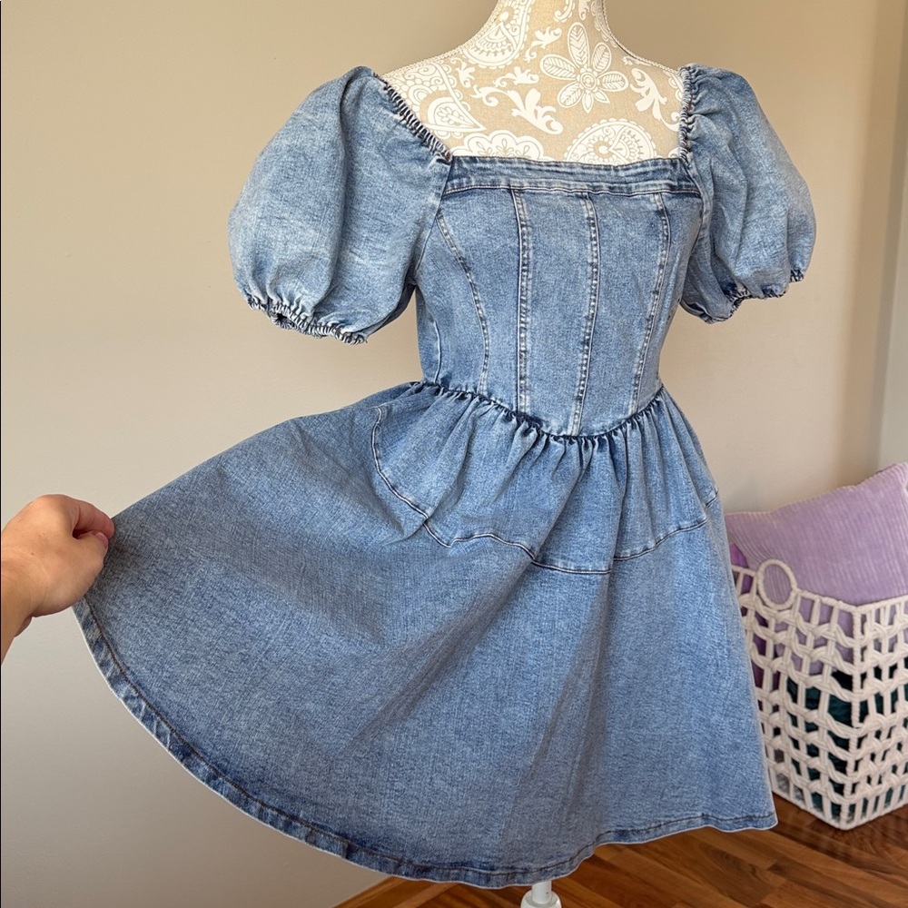Softer Denim Dress with Puff Sleeves sz M (NWT) - Picture 14 of 15